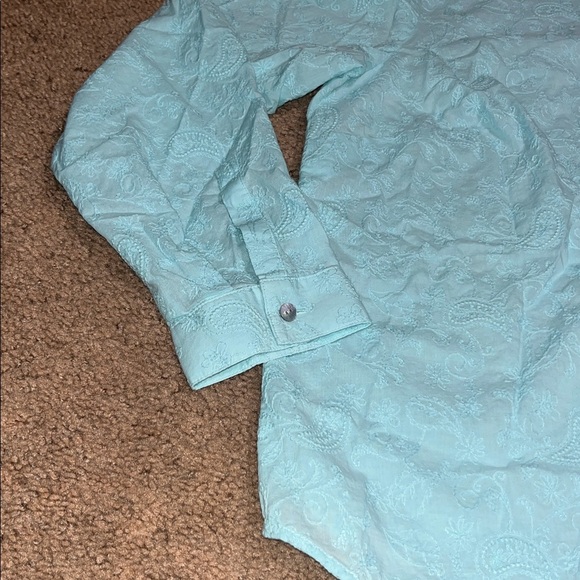 J. Jill Floral Embroidered One-Pocket Button Up Shirred-Back Shirt Sea Mist XL - Picture 6 of 9